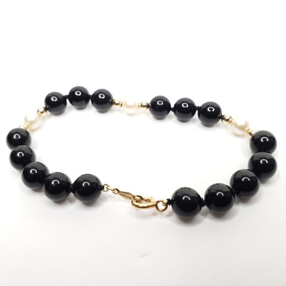 14K IPS Gold Black Onyx and White Pearl Bracelet - Picture 3 of 7